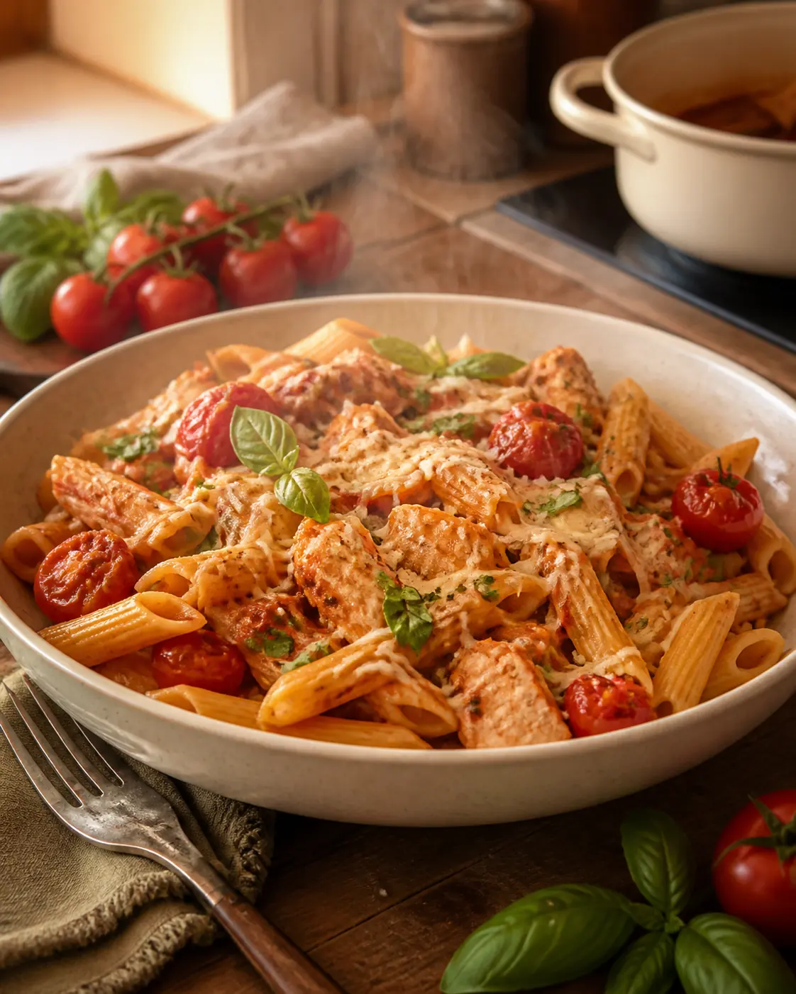 Домашняя паста с томатами и курицей