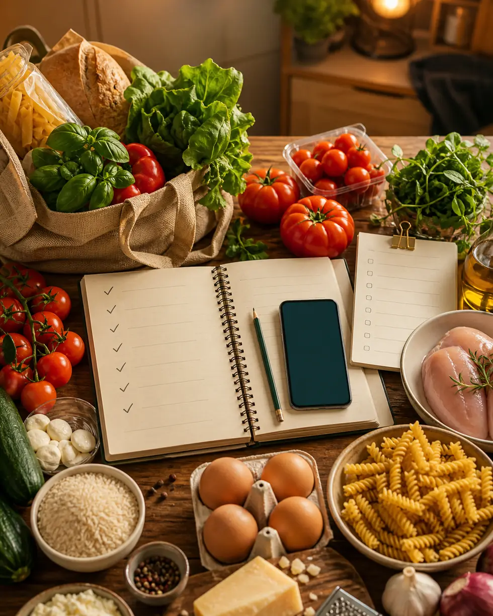 Список покупок, продукты и телефон на кухонном столе